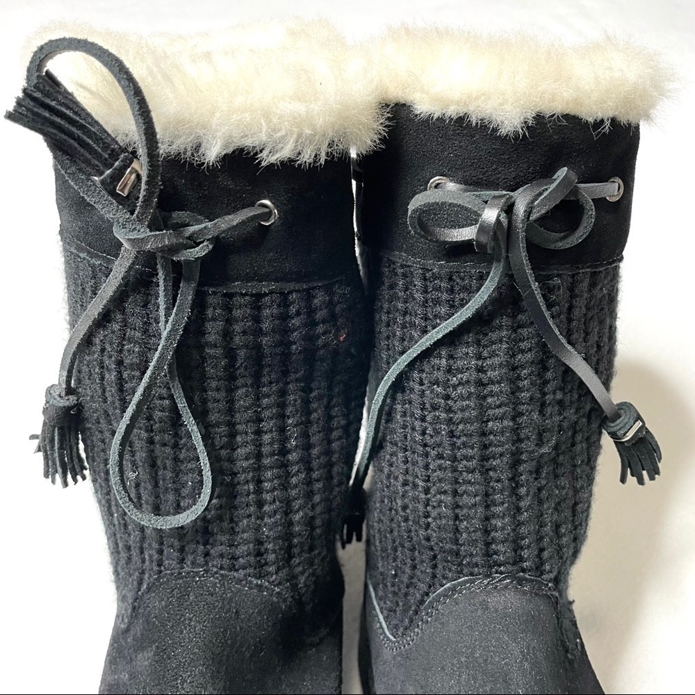 Bass Fargo Black Suede Knit Winter Boots Faux Fur Tassel Size 7 - Picture 7 of 12
